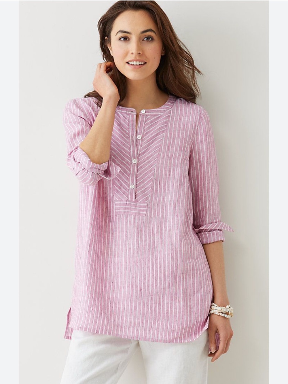 J. Jill Love Linen Pink White Stripe Pintuck Popover Tunic Blouse Size Large